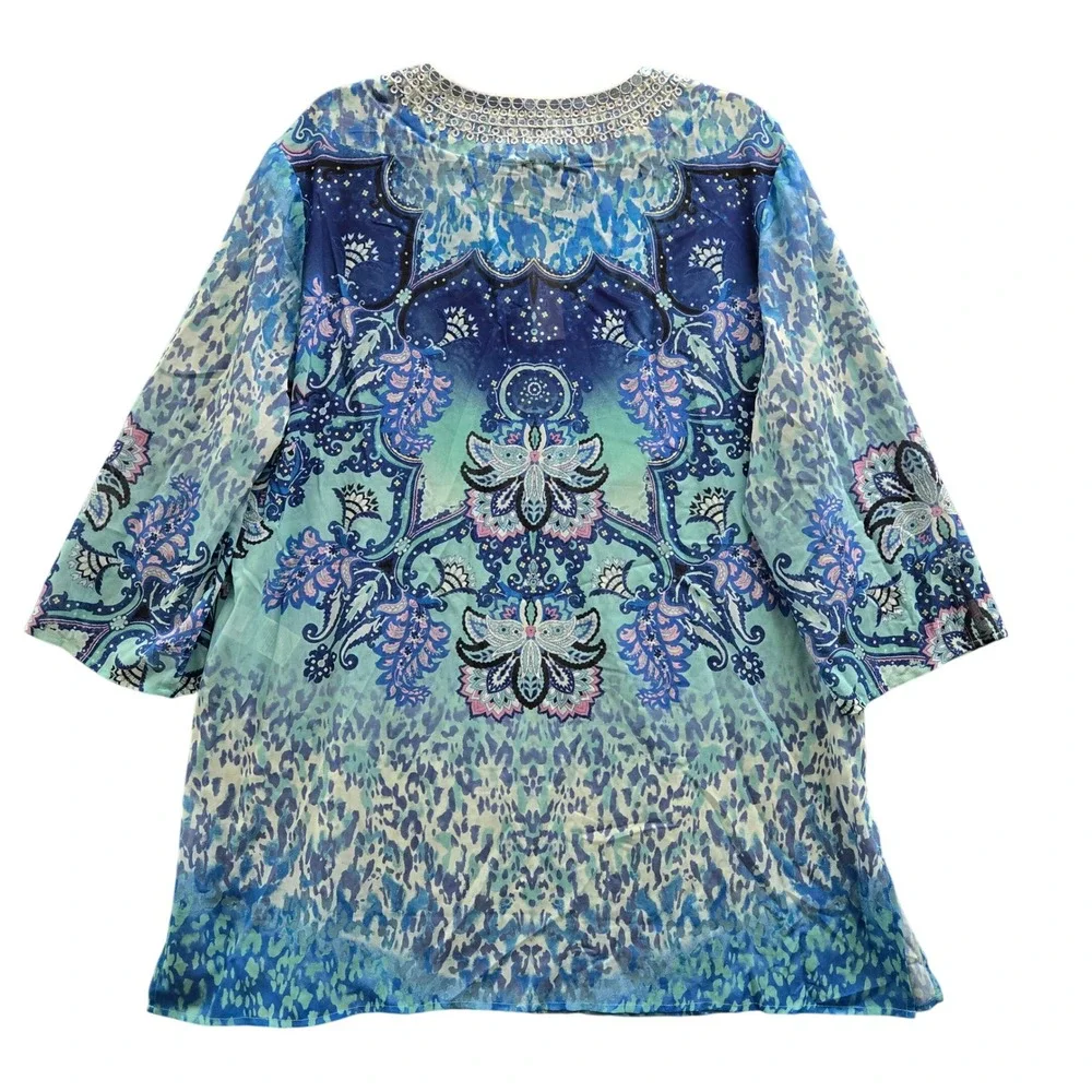 Chicos Embellished Tunic Coastal Sheer‎ Sz 3 16/18 Turquoise Blue Paisley Animal
